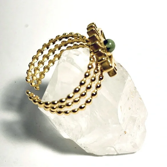 2/$20 ✨ LAST ONE! Evil Eye Beaded 18k Gold Plated Ring with Natural Green Stone - Picture 5 of 14